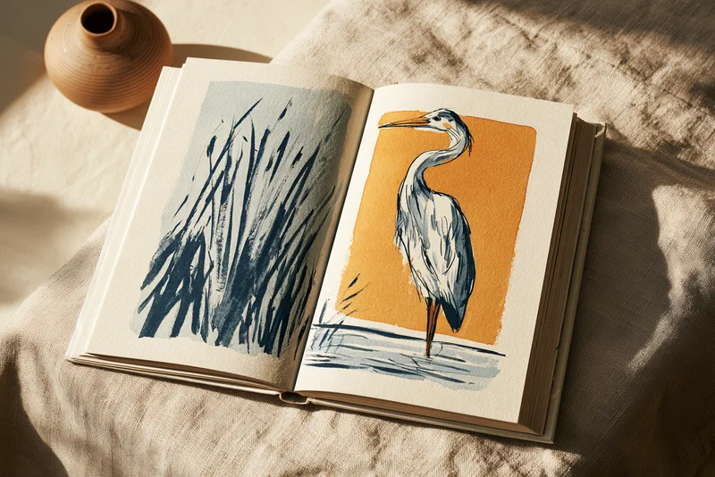 The Heron Who Waited — an open picture book on linen: a heron in blue ink standing against a block of ochre, reeds on the facing page