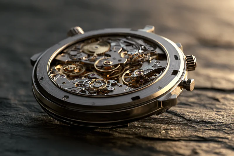 Movement — a CGI close-up of an open watch movement, brass gears and bridges inside a steel case resting on dark slate