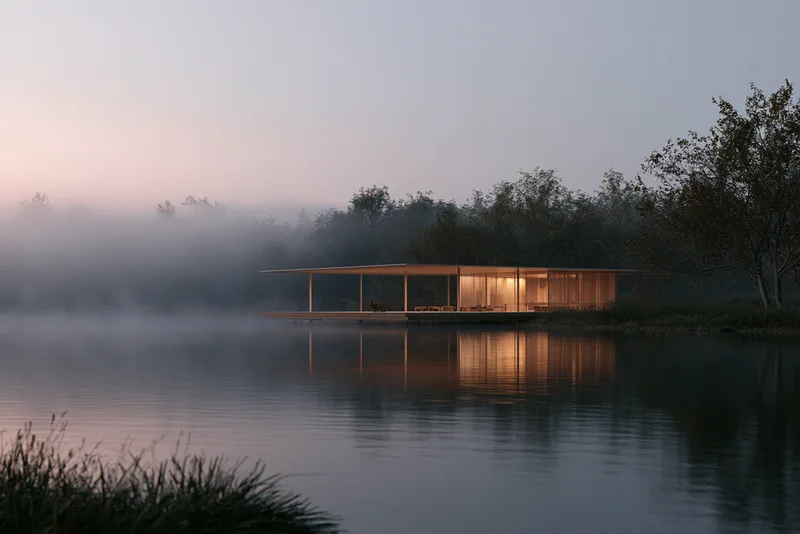 A Pavilion Not Yet Built — an architectural visualisation of a low timber pavilion at a lake's edge, glowing at dusk in rising mist