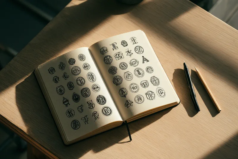 A Monogram a Day — an open sketchbook, both pages filled with a grid of hand-drawn ink monograms