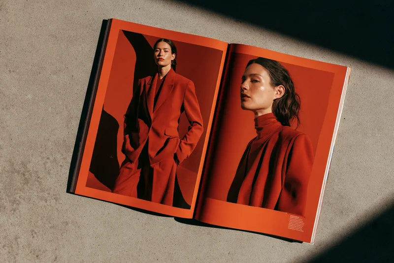 Twelve Pages, One Colour — an open magazine on concrete, a fashion story in which the clothes, the set and the page are all one shade of red