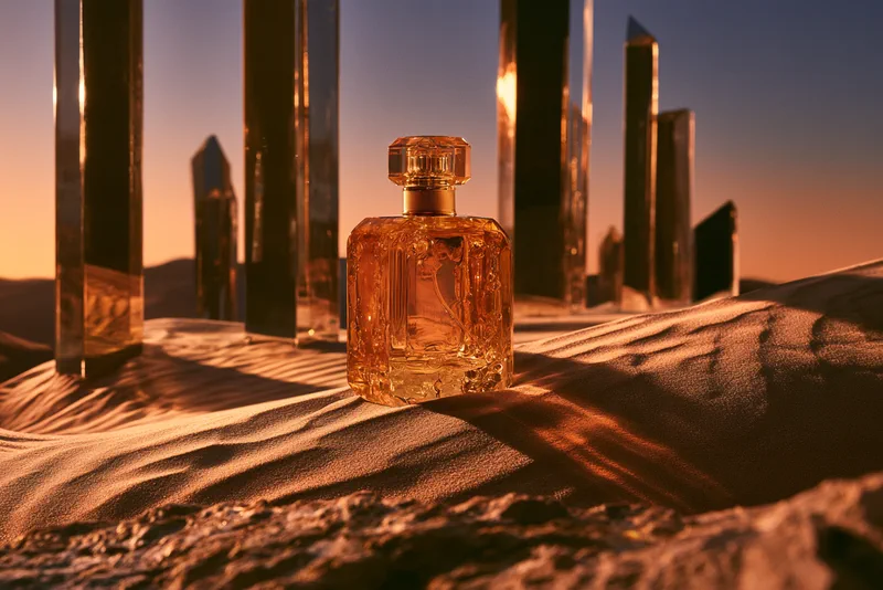 Set for a Scent — an amber perfume bottle on rippled sand among tall mirrored columns at sunset