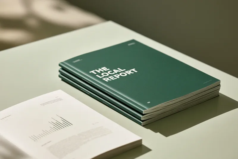 The Local Report — a stack of printed reports with green covers titled The Local Report, one copy open to a bar chart