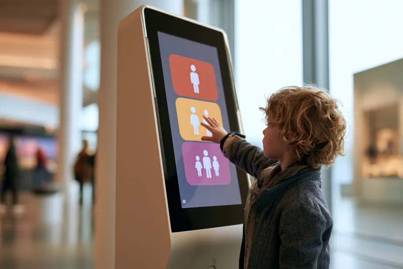 Tickets in Three Taps — a child tapping a museum ticket kiosk whose screen offers three large choices: one person, two people, a family