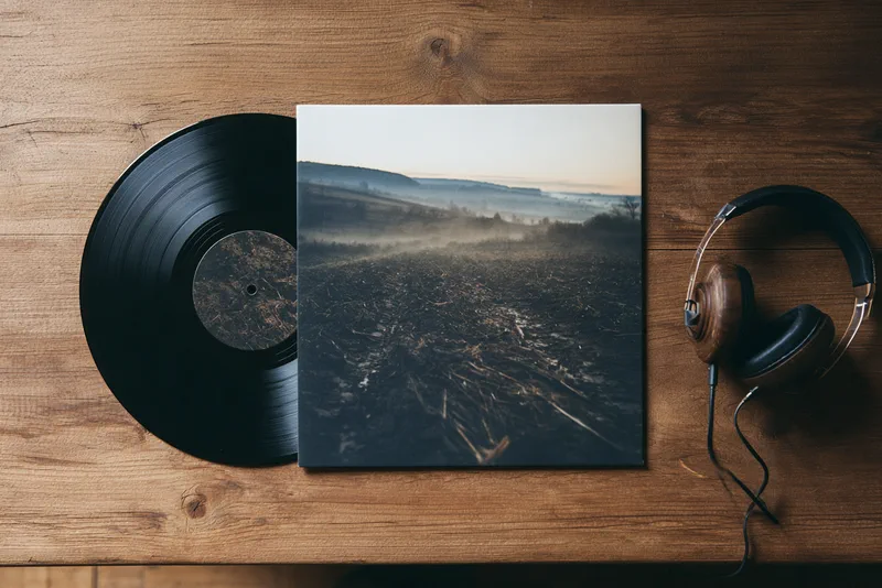 The Long Field — Original Soundtrack — a vinyl record half out of its sleeve on a wooden table, the cover a photograph of a misty field, headphones beside it