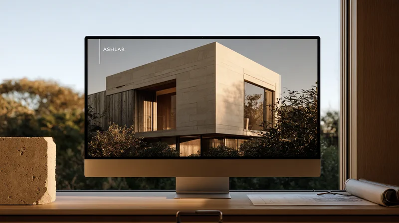 Ashlar — the studio website on a large display, a full-bleed photograph and one small wordmark