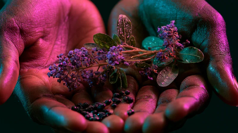The Botanist — cupped hands holding a flowering sprig of the bakuchiol source plant and its dark seeds