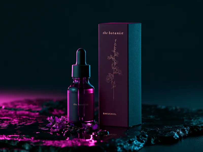 The Botanist — packaging: a violet glass dropper bottle beside its aubergine box, with the wordmark, a botanical line illustration, and the word Bakuchiol