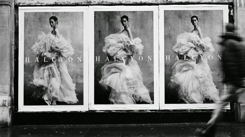 Halcyon — three black and white campaign posters pasted on a city wall