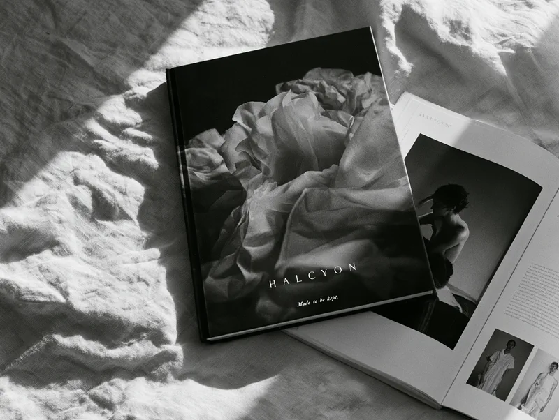 Halcyon — the lookbook on crumpled linen, its cover carrying the wordmark and the line Made to be kept.