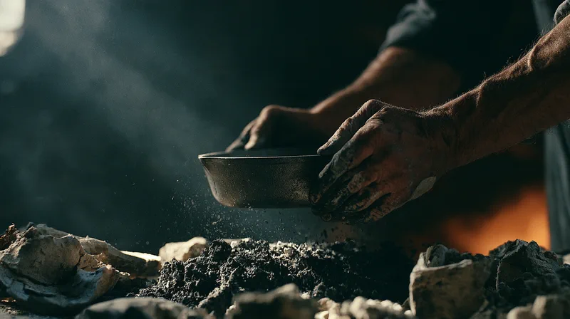 Hollowell — soot-marked hands lifting a freshly cast pan out of the casting sand