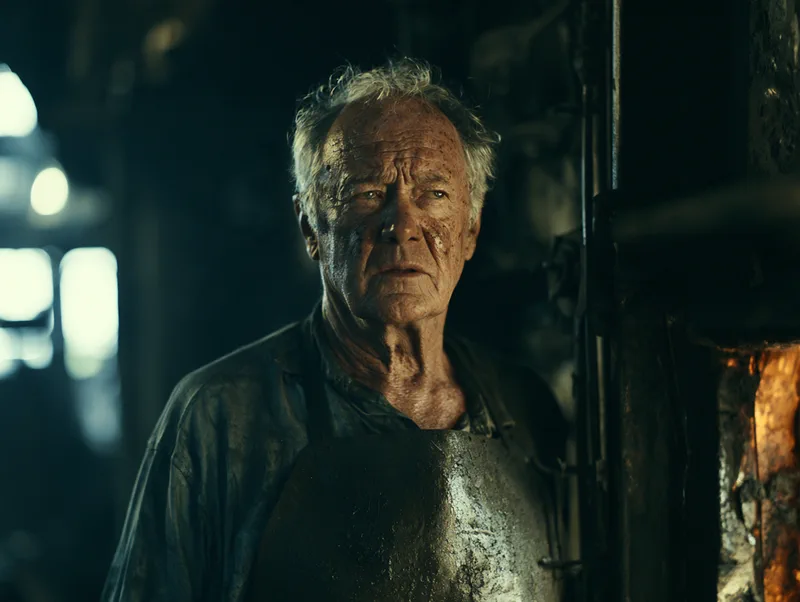 Hollowell — portrait of a foundry worker in a soot-marked apron, lit by the furnace