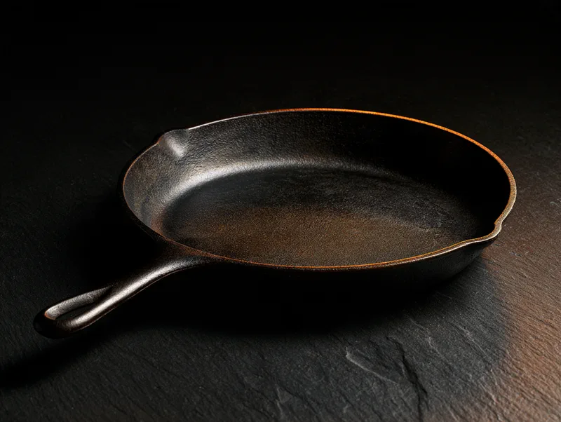 Hollowell — still life, black cast-iron skillet on black slate