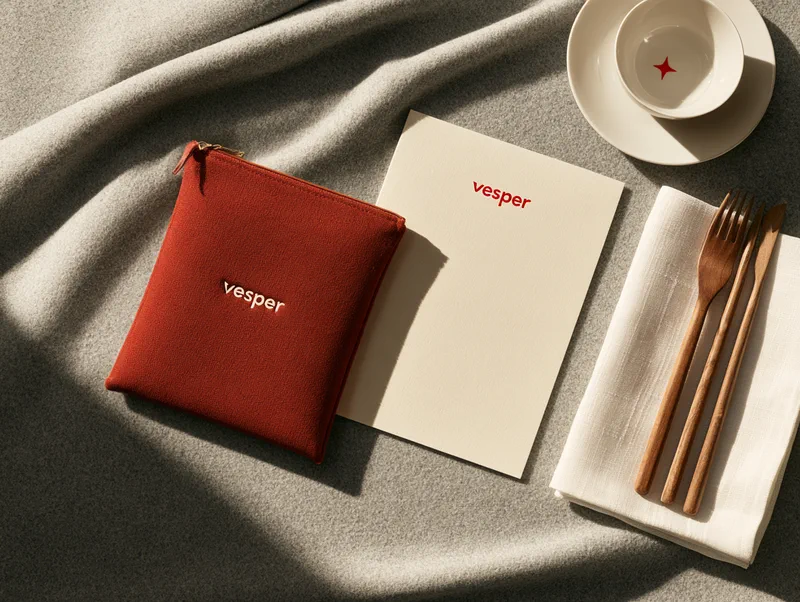 Project Super Jumbo — cabin items: a vermilion amenity pouch and a cream menu card carrying the vesper name, a cup with a red star, wooden cutlery