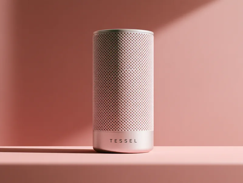 Tessel — the speaker on a blush pink plinth, the wordmark engraved around its base