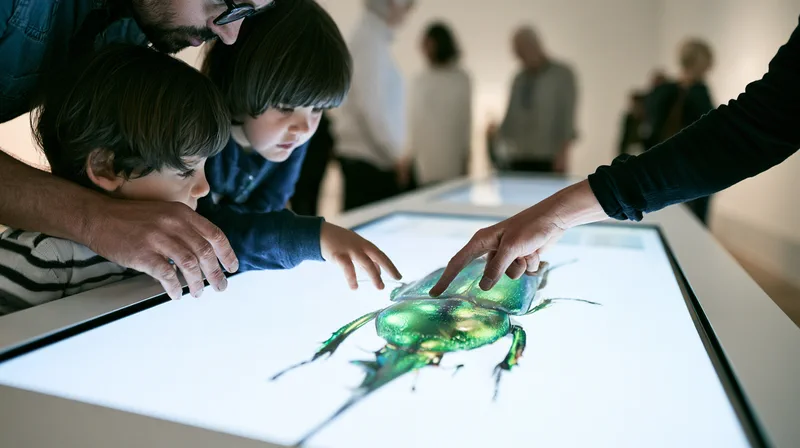 The Cabinet — children and adults reaching across a glowing gallery table showing a giant green beetle