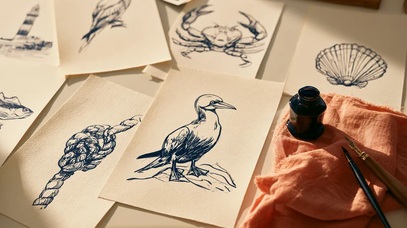 The Gannet — ink drawings of a gannet, crab, shell, knot and lighthouse across the illustrator's desk