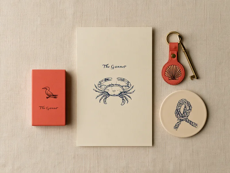 The Gannet — matchbook, menu card, key fob and coaster carrying the hotel's drawings