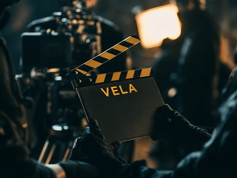 Vela — a black and yellow clapperboard carrying the wordmark, held up on a night set