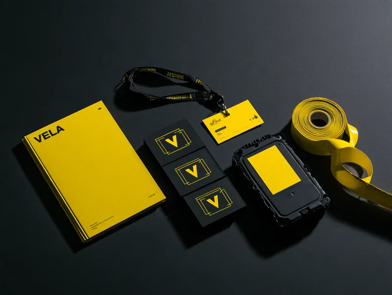 Vela — brand kit on black: pitch deck, business cards carrying the mark, lanyard and gaffer tape