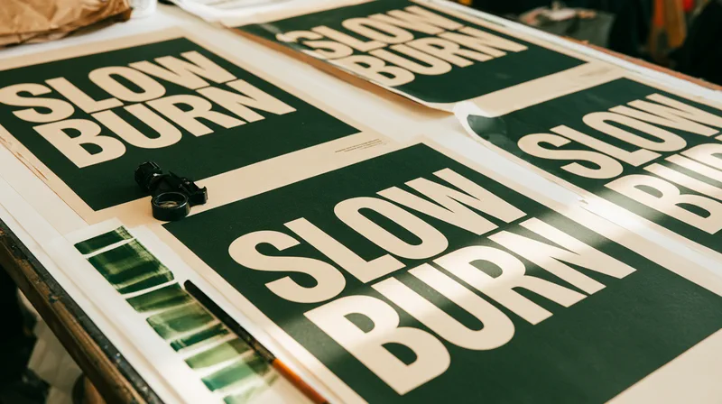 Volta Coffee — press check: bag proofs with Slow Burn printed at headline size