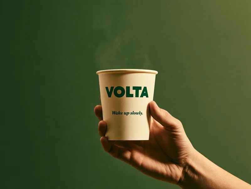 Volta Coffee — a hand holding a cream takeaway cup printed with Volta and the line Wake up slowly.